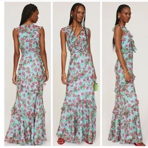 SALONI Rita Silk Maxi Dress Teal Blue Aquarium Floral Ruffle Sleeveless - US 2
